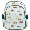 A Little Lovely Company Backpack, Insulated Front Pocket - Light Blue with Vehicles