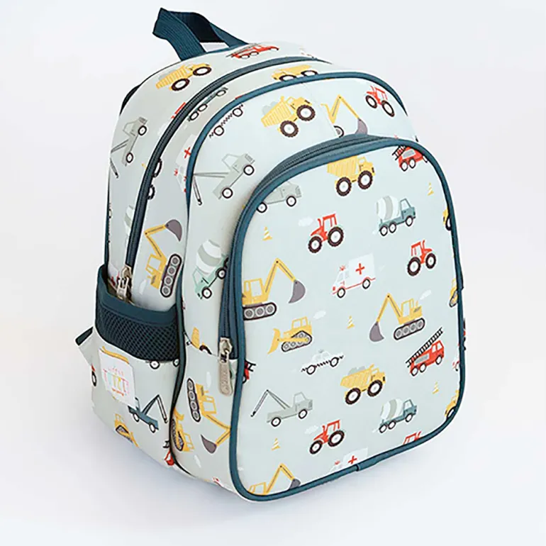 A Little Lovely Company Backpack, Insulated Front Pocket - Light Blue with Vehicles