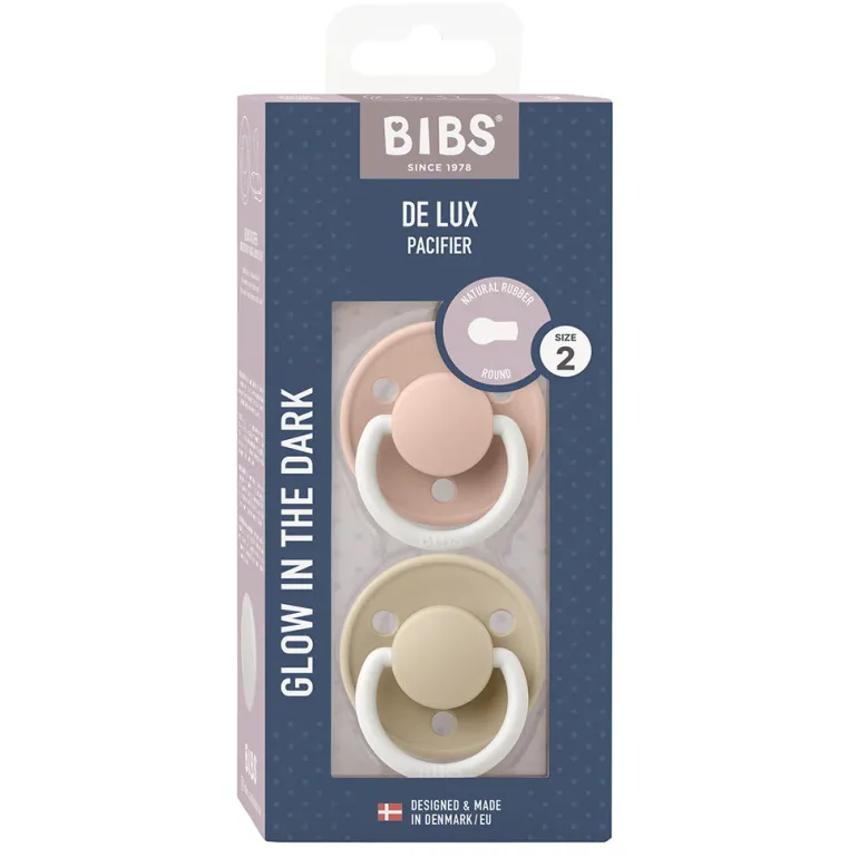 Bibs De Lux 2-Pack, Latex Pacifier, Size 2, Blush GLOW/Vanilla GLOW