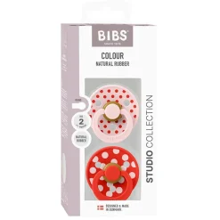 Bibs Natural Rubber Pacifier, 2-Pack, Size 2 - Studio Colour, Polka - Blossom/Candy Apple