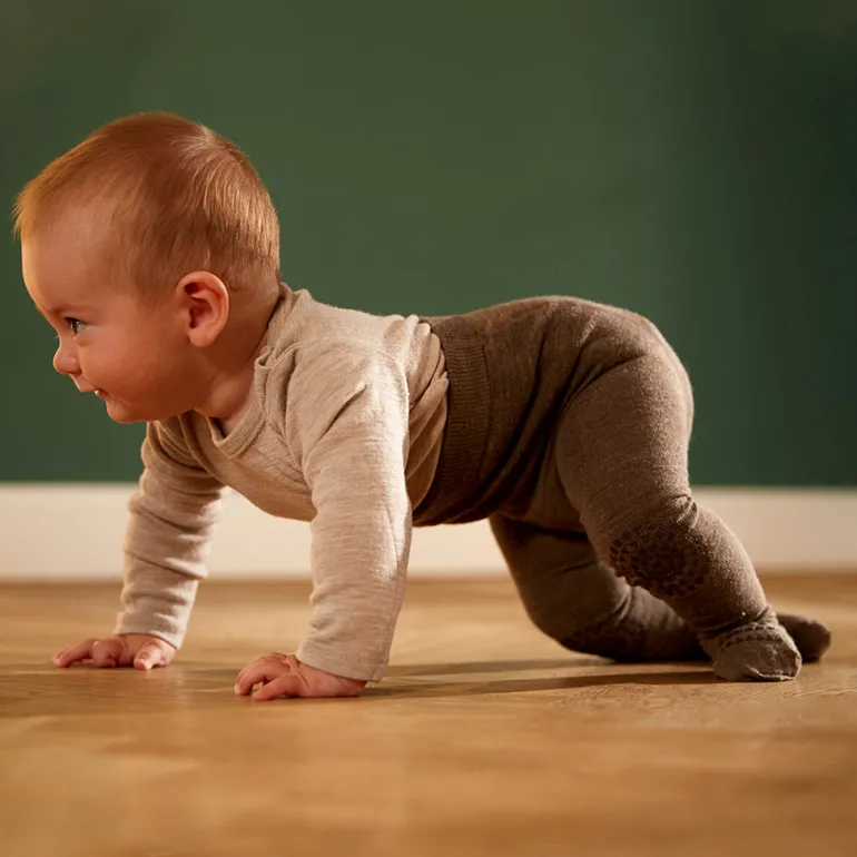 GoBabyGo Crawling Tights with Rubber Grips, Brown Melange - Wool