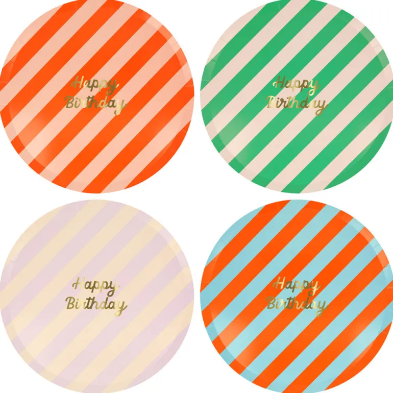 Meri Meri Paper Plates, Size L, Striped Happy Birthday - Set of 8