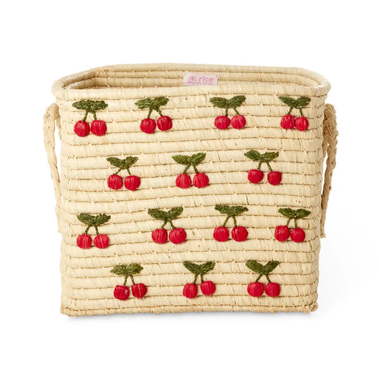 Natural Rice Basket with Small Cherry Embroideries
