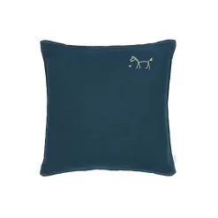 Nobodinoz Embroidered Cushion, 45 x 45 cm, Washed French Linen – Deep Blue