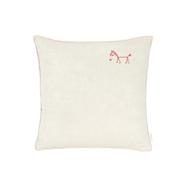 Nobodinoz Embroidered Cushion, 45 x 45 cm, Washed French Linen - Greige