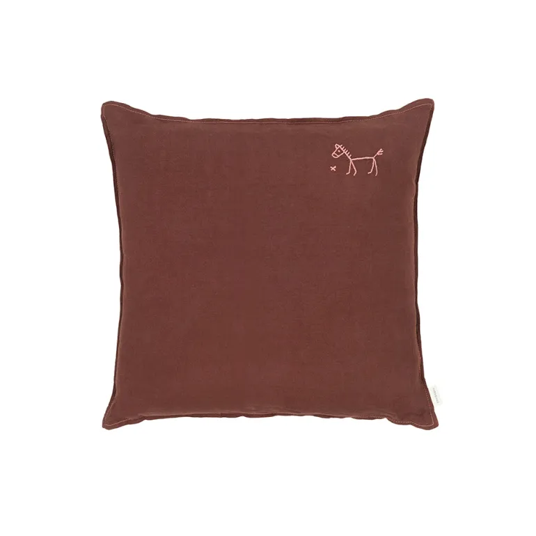 Nobodinoz Embroidered Pillow, 45 x 45 cm, Washed French Linen – Prune