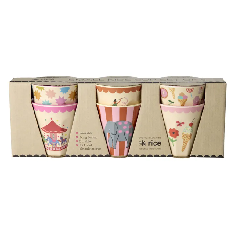 Rice Melamine Cups, Fun Fair Print, Set of 6, Small - Pink