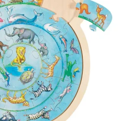 Round Wooden Puzzle with Animal Motifs – 27 Pieces