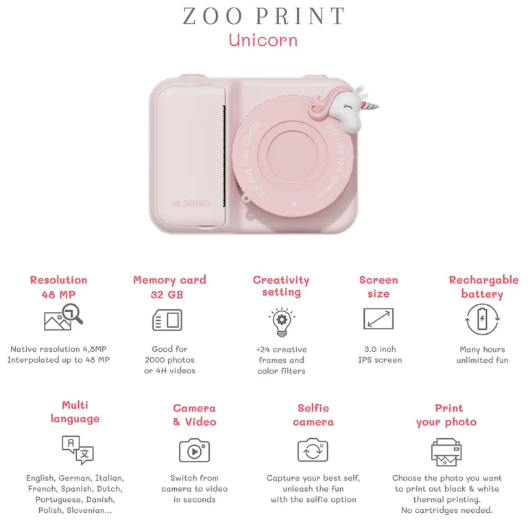 ZooFamily, Zoo Print, 3-in-1 Camera with Instant Print, Ages 5–11 – Unicorn